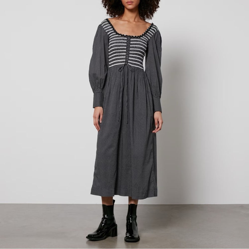 Damson Madder Hermione Shirred Polka Dot Poplin Midi Dress